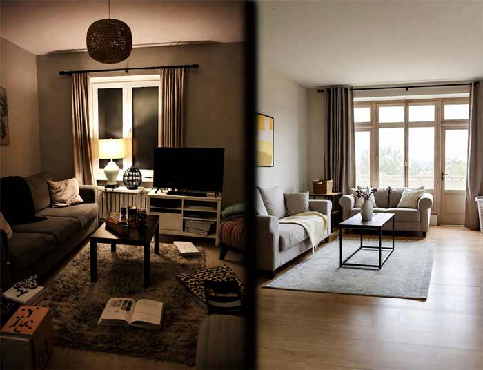 خانه تمرتب اتاق نشیمن قبل و بعد